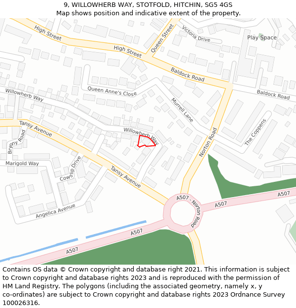 9, WILLOWHERB WAY, STOTFOLD, HITCHIN, SG5 4GS: Location map and indicative extent of plot