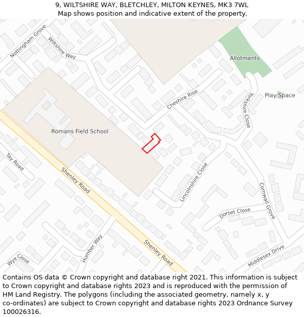 9, WILTSHIRE WAY, BLETCHLEY, MILTON KEYNES, MK3 7WL: Location map and indicative extent of plot