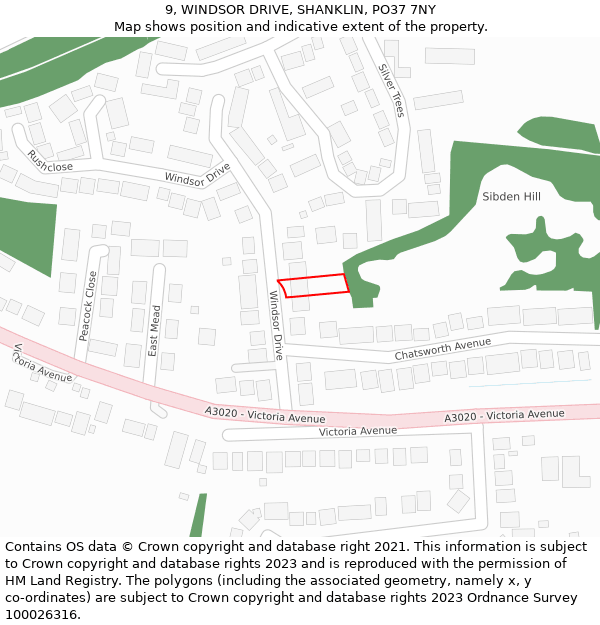 9, WINDSOR DRIVE, SHANKLIN, PO37 7NY: Location map and indicative extent of plot