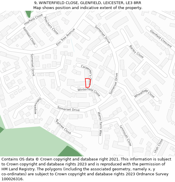 9, WINTERFIELD CLOSE, GLENFIELD, LEICESTER, LE3 8RR: Location map and indicative extent of plot