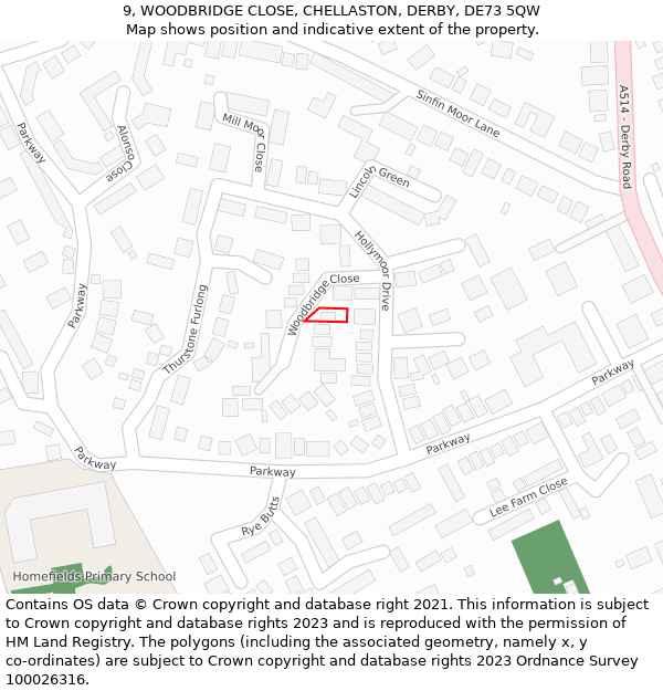9, WOODBRIDGE CLOSE, CHELLASTON, DERBY, DE73 5QW: Location map and indicative extent of plot