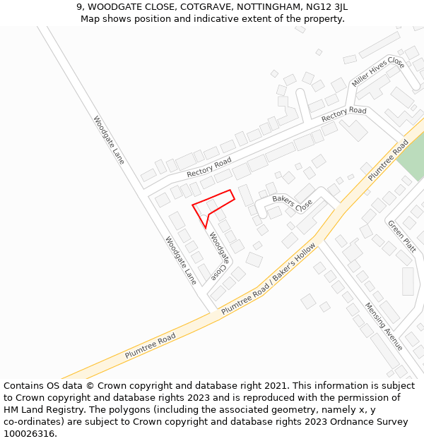 9, WOODGATE CLOSE, COTGRAVE, NOTTINGHAM, NG12 3JL: Location map and indicative extent of plot