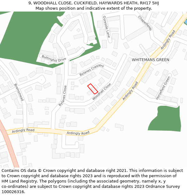 9, WOODHALL CLOSE, CUCKFIELD, HAYWARDS HEATH, RH17 5HJ: Location map and indicative extent of plot