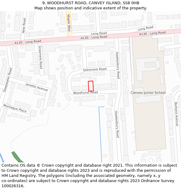 9, WOODHURST ROAD, CANVEY ISLAND, SS8 0HB: Location map and indicative extent of plot