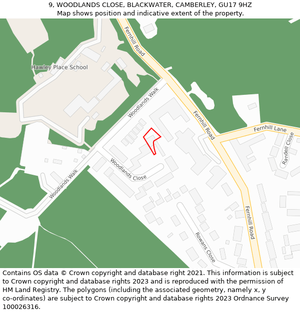 9, WOODLANDS CLOSE, BLACKWATER, CAMBERLEY, GU17 9HZ: Location map and indicative extent of plot