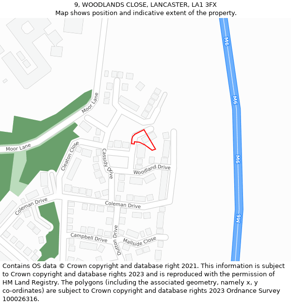 9, WOODLANDS CLOSE, LANCASTER, LA1 3FX: Location map and indicative extent of plot