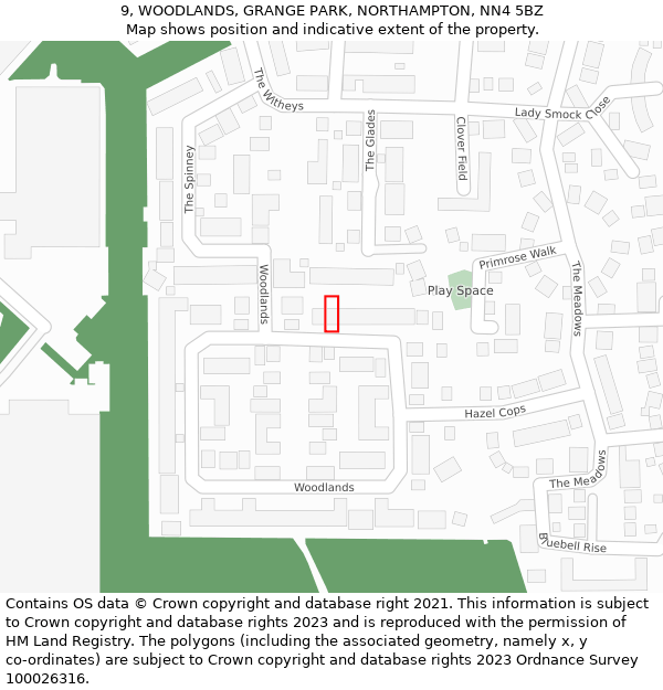 9, WOODLANDS, GRANGE PARK, NORTHAMPTON, NN4 5BZ: Location map and indicative extent of plot