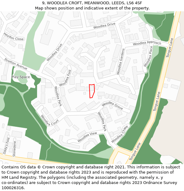 9, WOODLEA CROFT, MEANWOOD, LEEDS, LS6 4SF: Location map and indicative extent of plot
