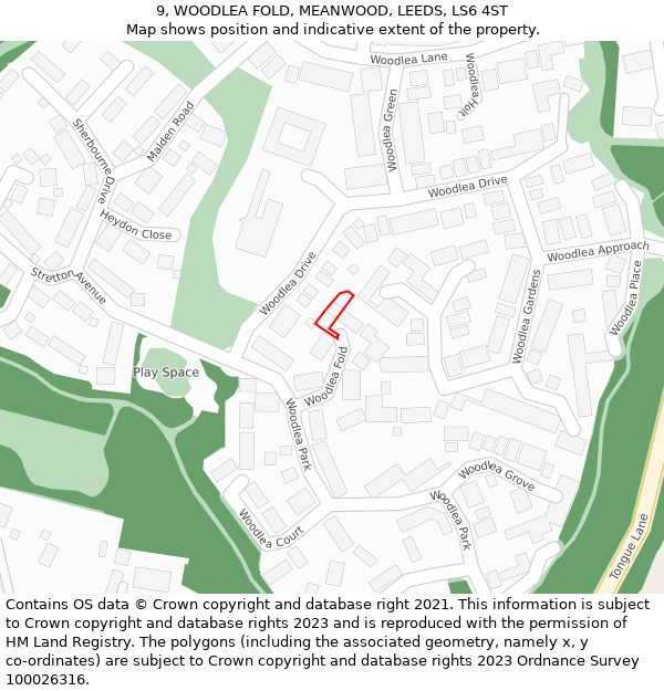 9, WOODLEA FOLD, MEANWOOD, LEEDS, LS6 4ST: Location map and indicative extent of plot