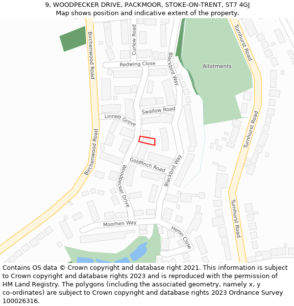 9, WOODPECKER DRIVE, PACKMOOR, STOKE-ON-TRENT, ST7 4GJ: Location map and indicative extent of plot