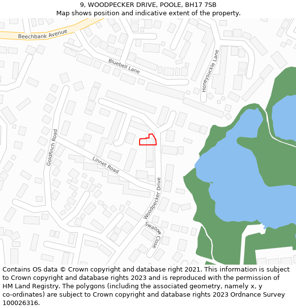 9, WOODPECKER DRIVE, POOLE, BH17 7SB: Location map and indicative extent of plot