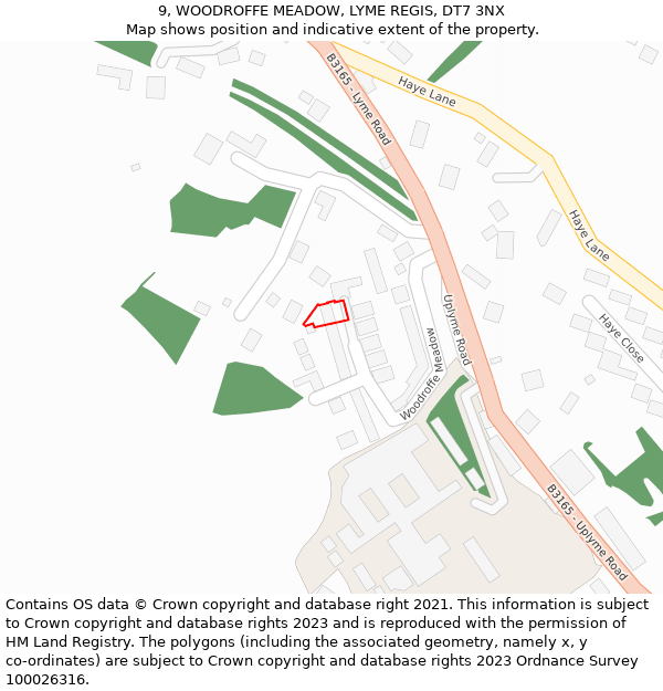 9, WOODROFFE MEADOW, LYME REGIS, DT7 3NX: Location map and indicative extent of plot