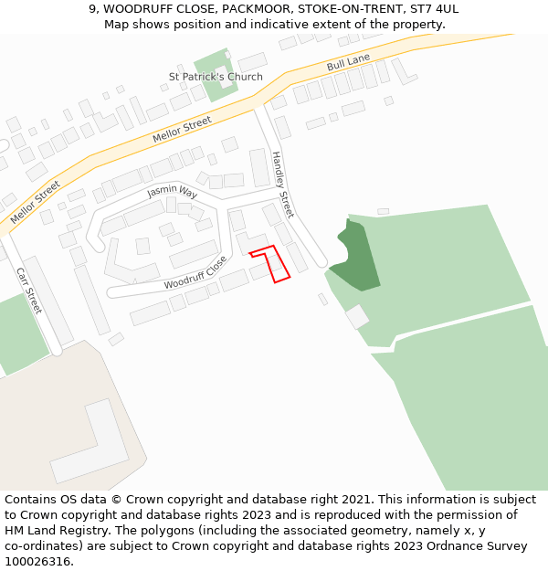 9, WOODRUFF CLOSE, PACKMOOR, STOKE-ON-TRENT, ST7 4UL: Location map and indicative extent of plot