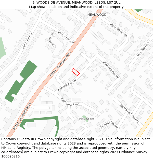 9, WOODSIDE AVENUE, MEANWOOD, LEEDS, LS7 2UL: Location map and indicative extent of plot