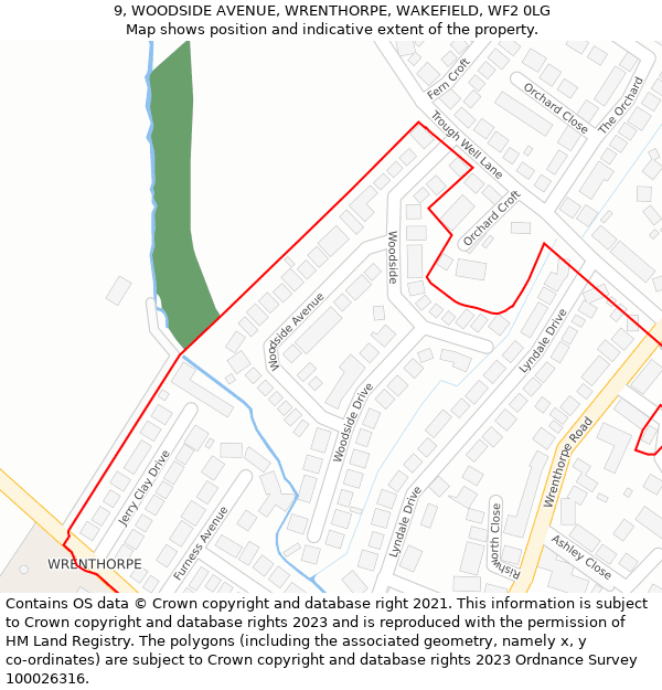 9, WOODSIDE AVENUE, WRENTHORPE, WAKEFIELD, WF2 0LG: Location map and indicative extent of plot