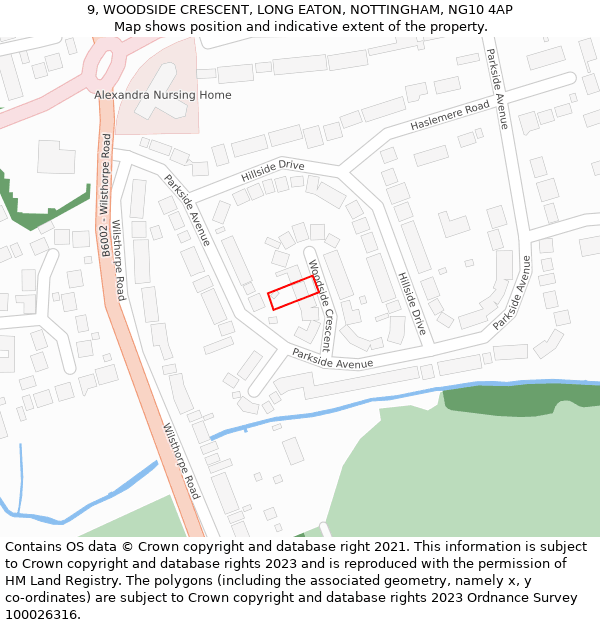 9, WOODSIDE CRESCENT, LONG EATON, NOTTINGHAM, NG10 4AP: Location map and indicative extent of plot