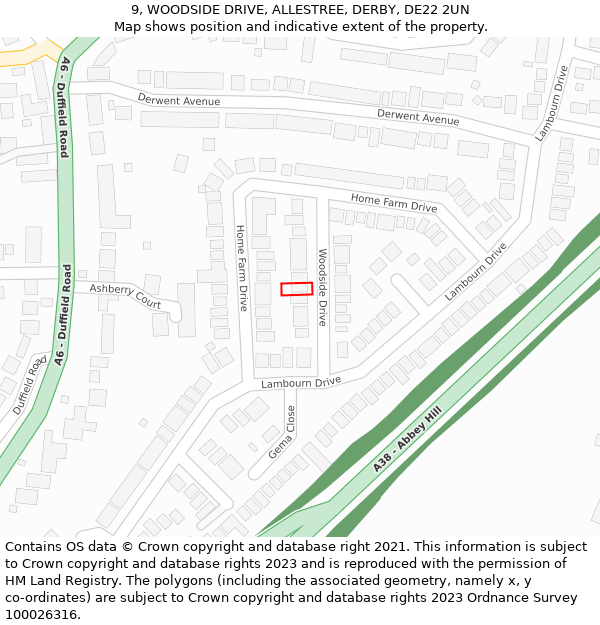 9, WOODSIDE DRIVE, ALLESTREE, DERBY, DE22 2UN: Location map and indicative extent of plot