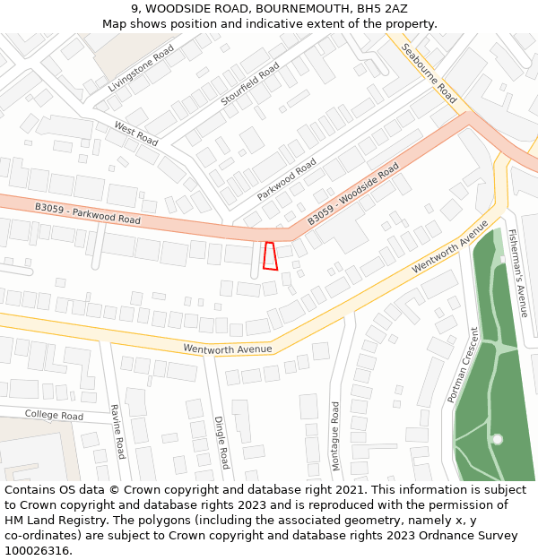 9, WOODSIDE ROAD, BOURNEMOUTH, BH5 2AZ: Location map and indicative extent of plot