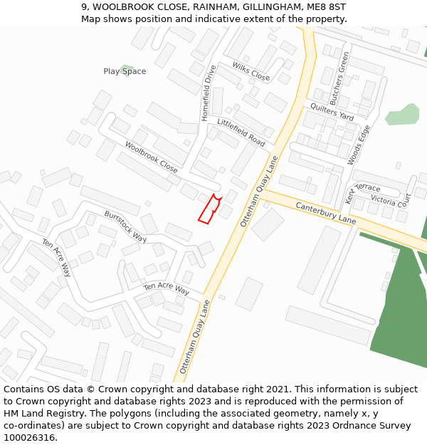 9, WOOLBROOK CLOSE, RAINHAM, GILLINGHAM, ME8 8ST: Location map and indicative extent of plot