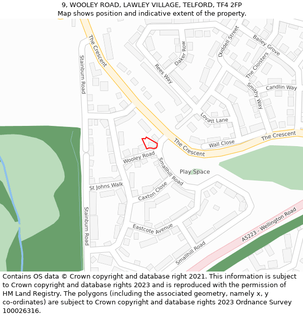 9, WOOLEY ROAD, LAWLEY VILLAGE, TELFORD, TF4 2FP: Location map and indicative extent of plot