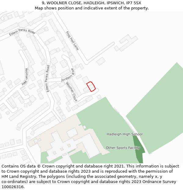 9, WOOLNER CLOSE, HADLEIGH, IPSWICH, IP7 5SX: Location map and indicative extent of plot