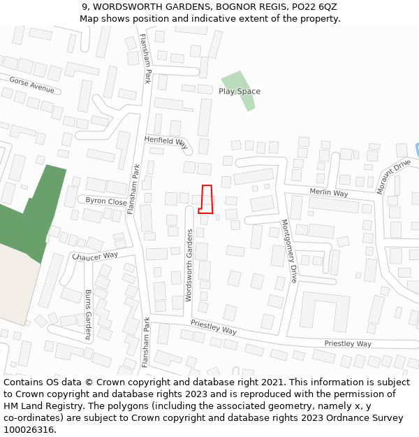 9, WORDSWORTH GARDENS, BOGNOR REGIS, PO22 6QZ: Location map and indicative extent of plot