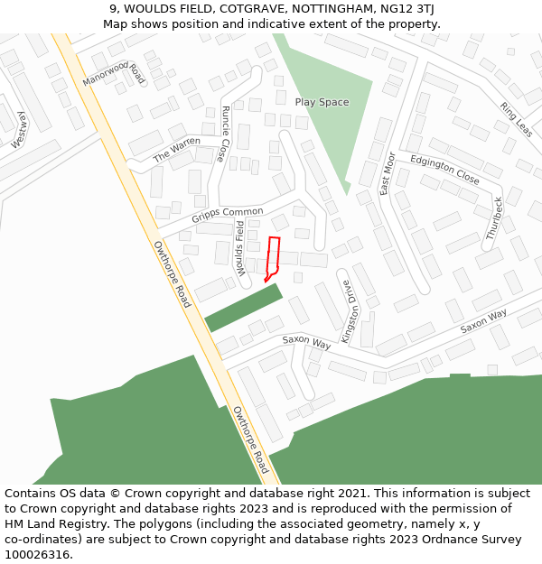 9, WOULDS FIELD, COTGRAVE, NOTTINGHAM, NG12 3TJ: Location map and indicative extent of plot