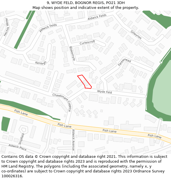 9, WYDE FELD, BOGNOR REGIS, PO21 3DH: Location map and indicative extent of plot