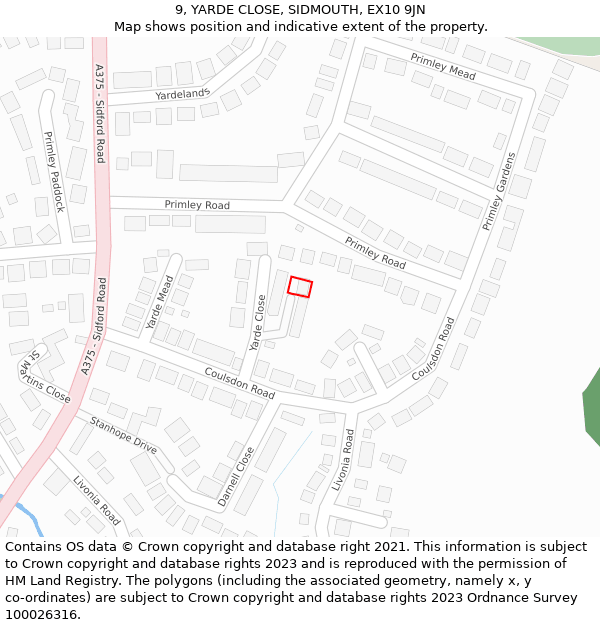 9, YARDE CLOSE, SIDMOUTH, EX10 9JN: Location map and indicative extent of plot