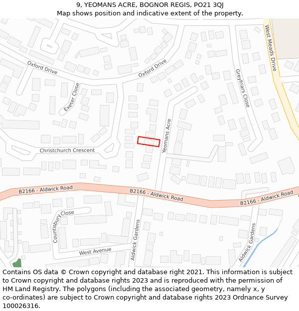 9, YEOMANS ACRE, BOGNOR REGIS, PO21 3QJ: Location map and indicative extent of plot