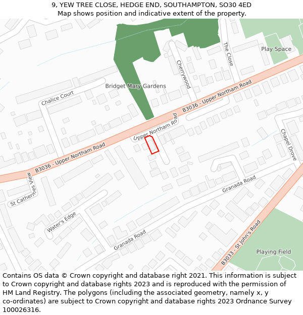 9, YEW TREE CLOSE, HEDGE END, SOUTHAMPTON, SO30 4ED: Location map and indicative extent of plot