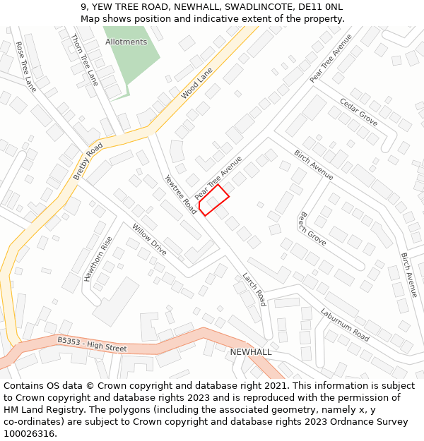 9, YEW TREE ROAD, NEWHALL, SWADLINCOTE, DE11 0NL: Location map and indicative extent of plot