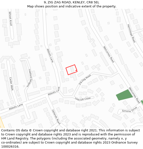 9, ZIG ZAG ROAD, KENLEY, CR8 5EL: Location map and indicative extent of plot
