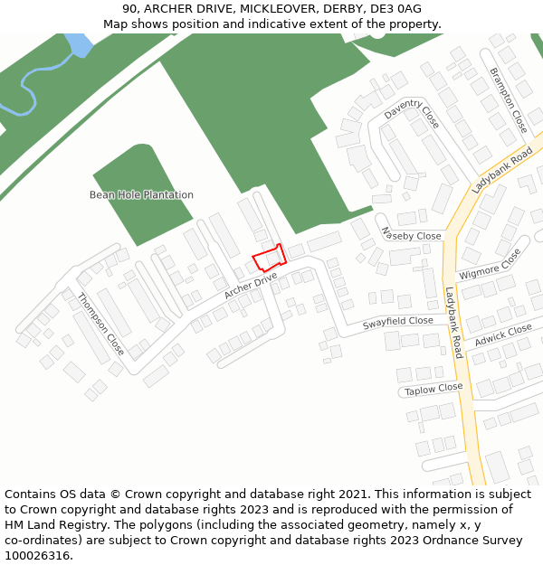 90, ARCHER DRIVE, MICKLEOVER, DERBY, DE3 0AG: Location map and indicative extent of plot