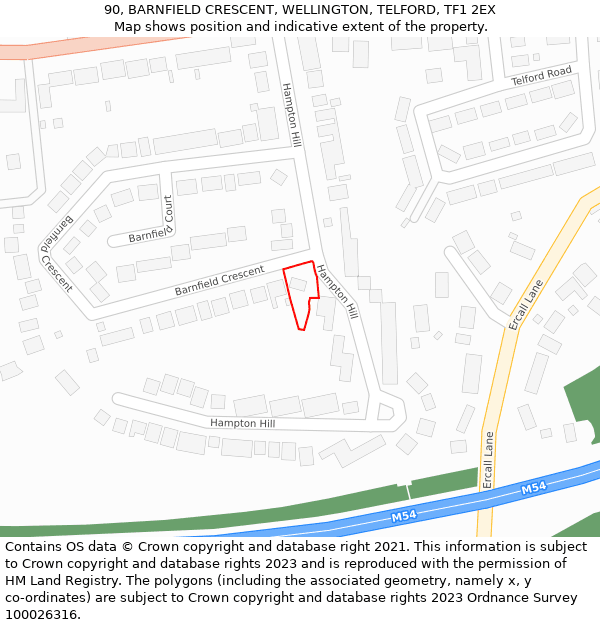 90, BARNFIELD CRESCENT, WELLINGTON, TELFORD, TF1 2EX: Location map and indicative extent of plot