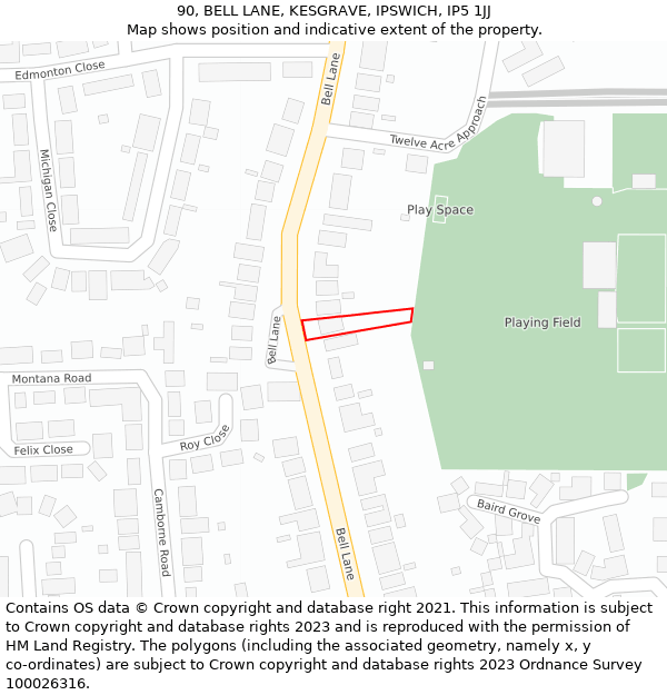 90, BELL LANE, KESGRAVE, IPSWICH, IP5 1JJ: Location map and indicative extent of plot