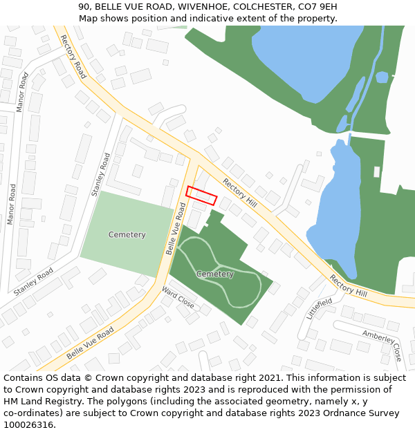 90, BELLE VUE ROAD, WIVENHOE, COLCHESTER, CO7 9EH: Location map and indicative extent of plot