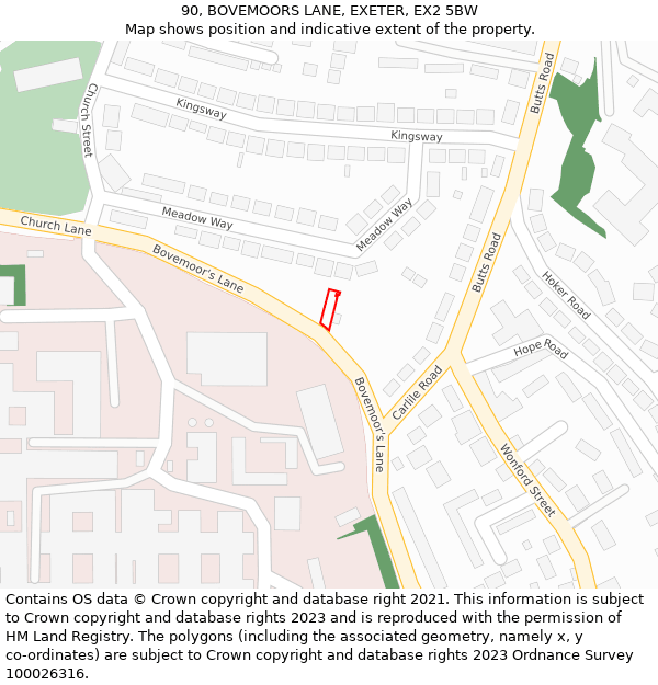 90, BOVEMOORS LANE, EXETER, EX2 5BW: Location map and indicative extent of plot