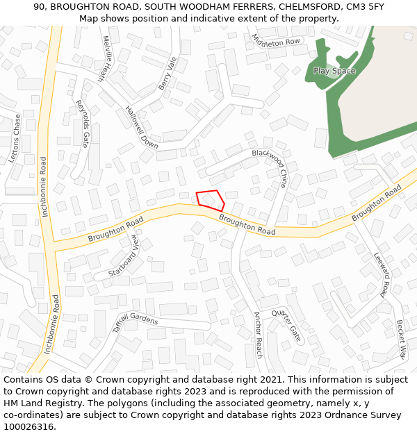 90, BROUGHTON ROAD, SOUTH WOODHAM FERRERS, CHELMSFORD, CM3 5FY: Location map and indicative extent of plot
