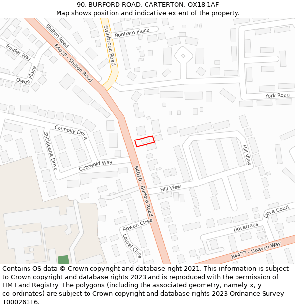 90, BURFORD ROAD, CARTERTON, OX18 1AF: Location map and indicative extent of plot