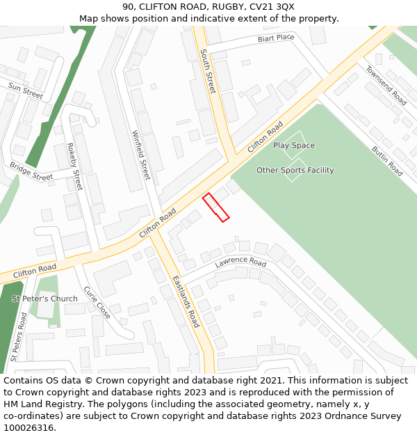 90, CLIFTON ROAD, RUGBY, CV21 3QX: Location map and indicative extent of plot