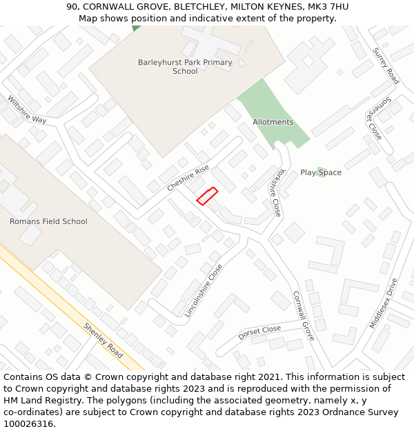 90, CORNWALL GROVE, BLETCHLEY, MILTON KEYNES, MK3 7HU: Location map and indicative extent of plot