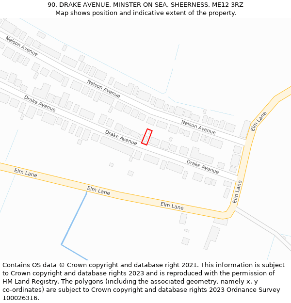 90, DRAKE AVENUE, MINSTER ON SEA, SHEERNESS, ME12 3RZ: Location map and indicative extent of plot