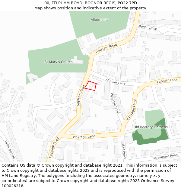 90, FELPHAM ROAD, BOGNOR REGIS, PO22 7PD: Location map and indicative extent of plot