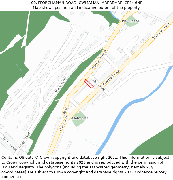 90, FFORCHAMAN ROAD, CWMAMAN, ABERDARE, CF44 6NF: Location map and indicative extent of plot