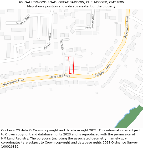 90, GALLEYWOOD ROAD, GREAT BADDOW, CHELMSFORD, CM2 8DW: Location map and indicative extent of plot