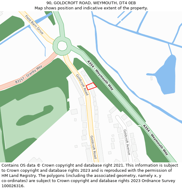 90, GOLDCROFT ROAD, WEYMOUTH, DT4 0EB: Location map and indicative extent of plot