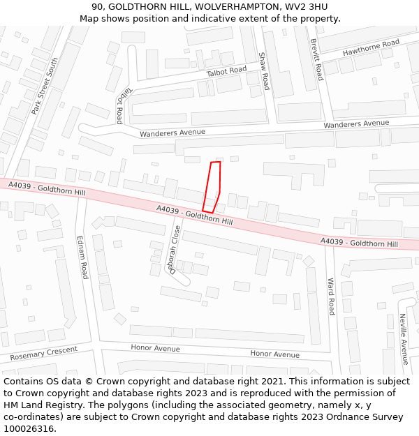 90, GOLDTHORN HILL, WOLVERHAMPTON, WV2 3HU: Location map and indicative extent of plot