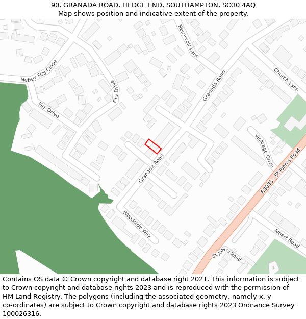 90, GRANADA ROAD, HEDGE END, SOUTHAMPTON, SO30 4AQ: Location map and indicative extent of plot
