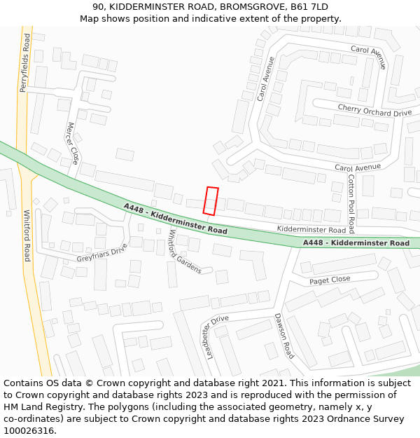 90, KIDDERMINSTER ROAD, BROMSGROVE, B61 7LD: Location map and indicative extent of plot